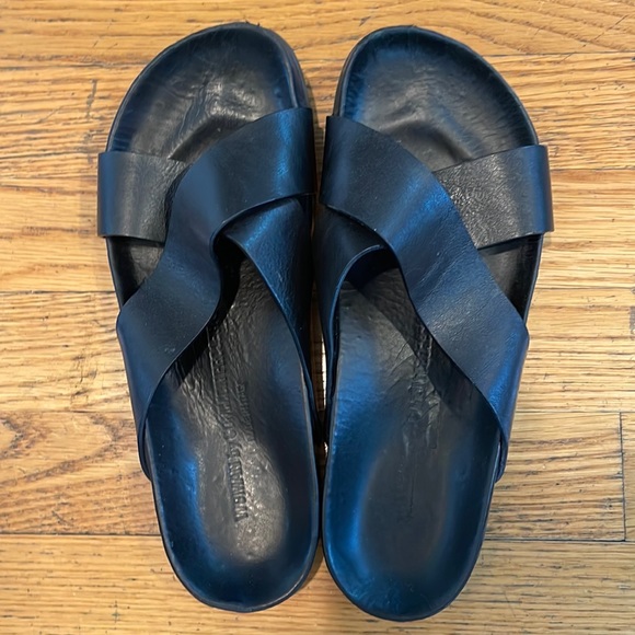 Common Projects Shoes - Common Project - black leather crossover slides.